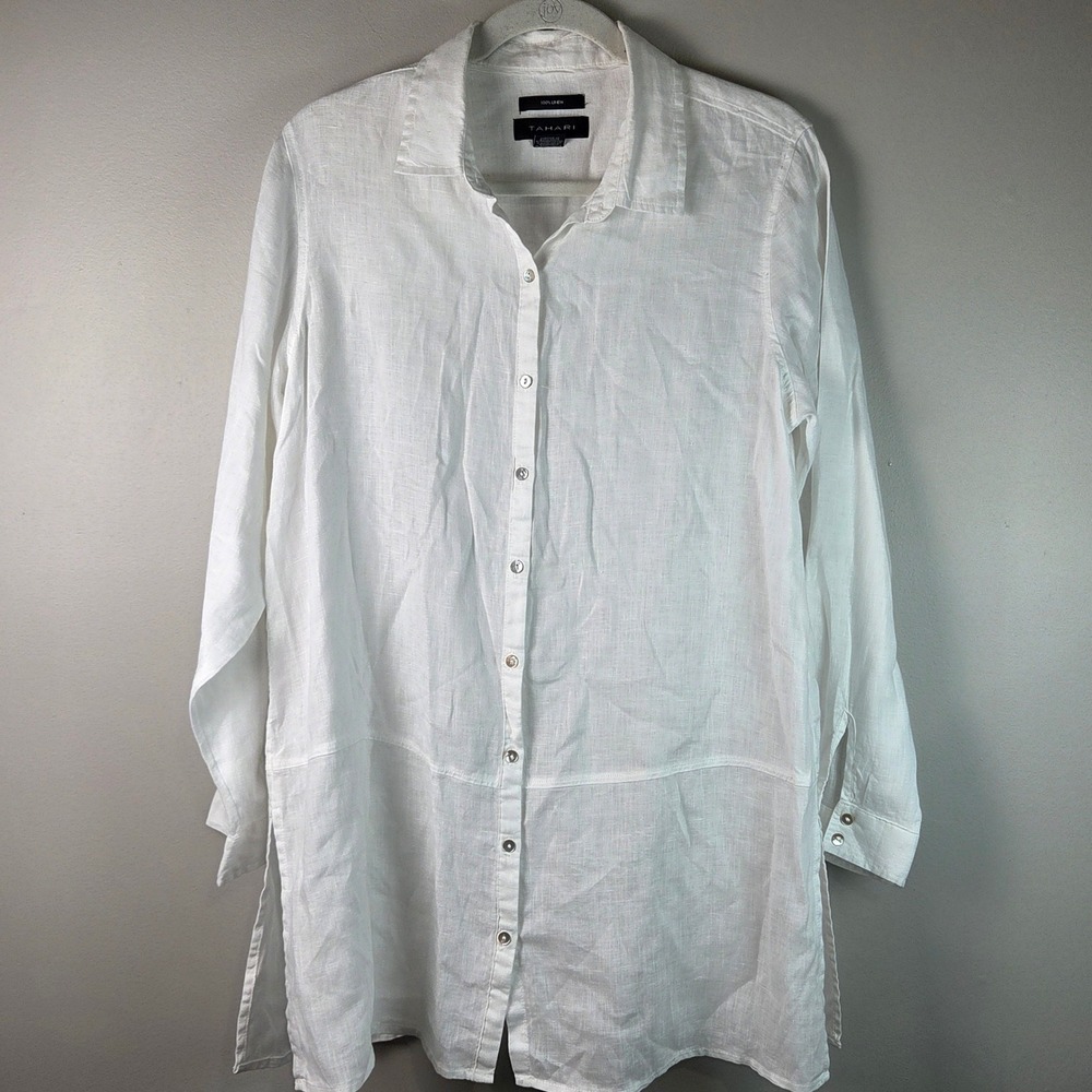 Tahari Linen Button Down Tunic Women M White Excellent Long Sleeve Coastal Shirt